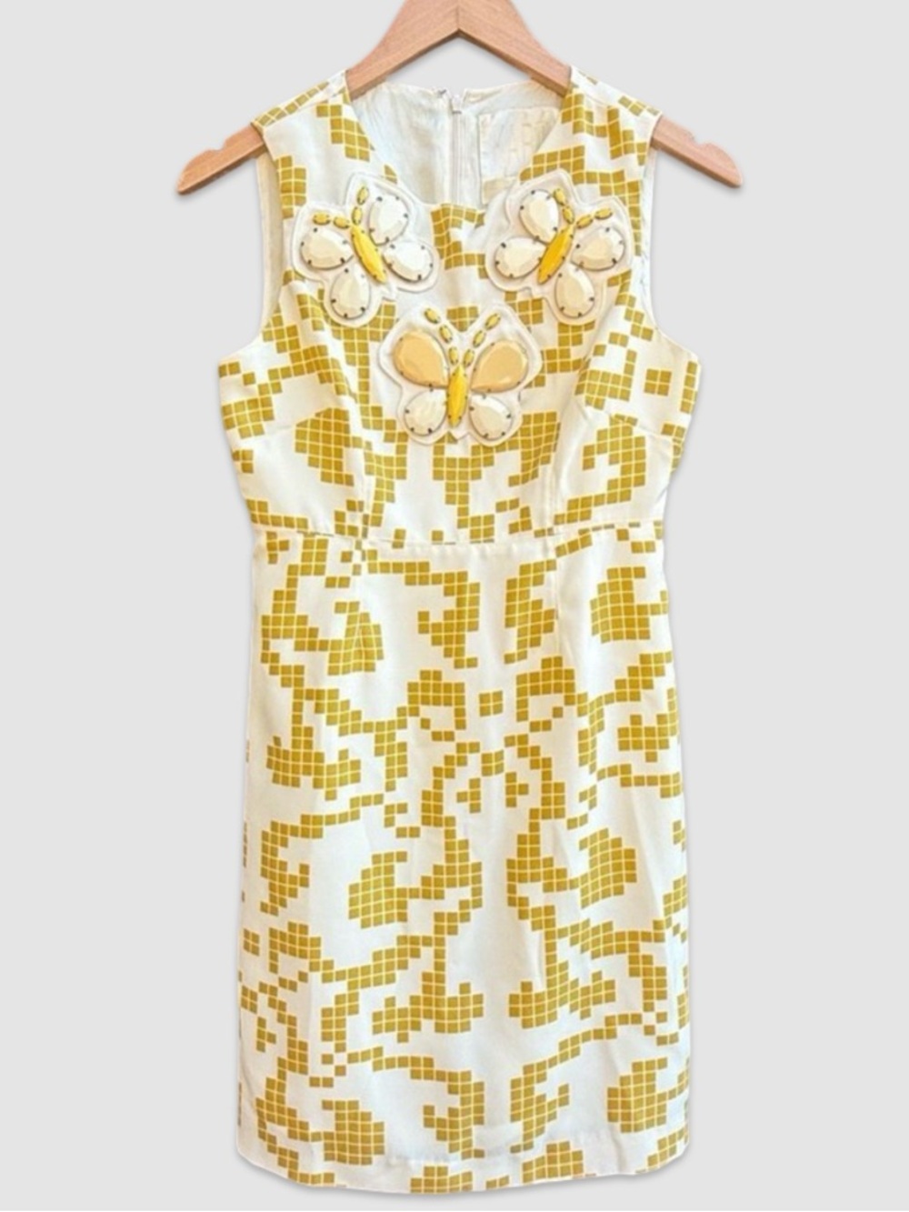 Karta Pixel Print Shift Dress w/Jeweled Butterfly Appliqué – Size S